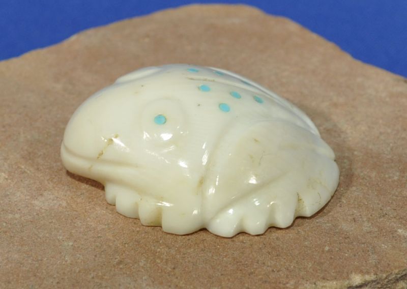 Zuni Pueblo Indian Frog fetish carving in shell with turquoise inlay