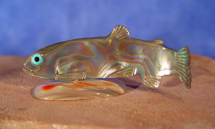 Zuni fetish carving of fish in mother of pearl resembling salmon or other fish