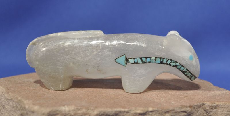Zuni Pueblo alabaster mountain lion cougar fetish carving with turquoise inlay heartline and eyes