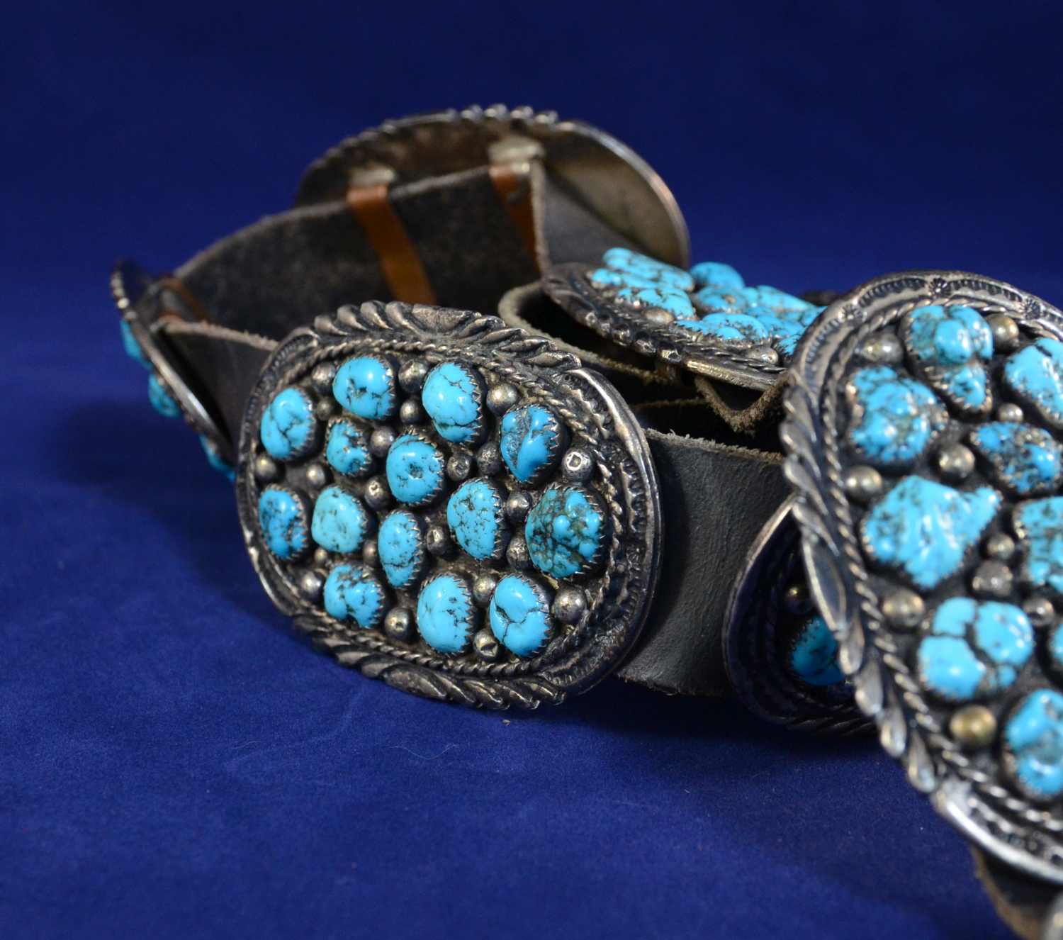 140814-01 Fine Navajo Concho Belt - Handsome nugget turquoise settings